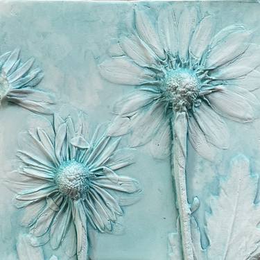 Aqua Blue Daisies Garden Plaster Art thumb