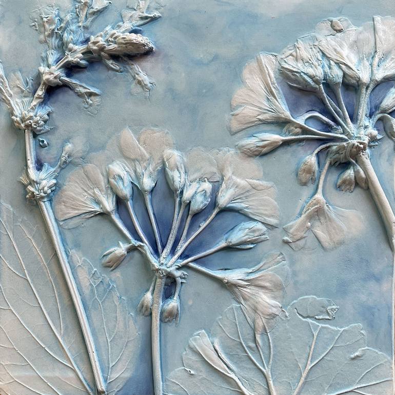 Blue Watercolor Geranium & Salvia Relief Sculpture - Print