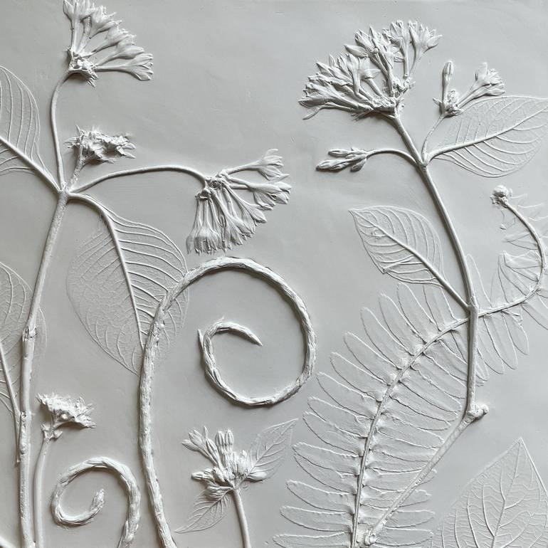 White Summer Flower Garden 3D Relief Sculpture by Ruth Welter