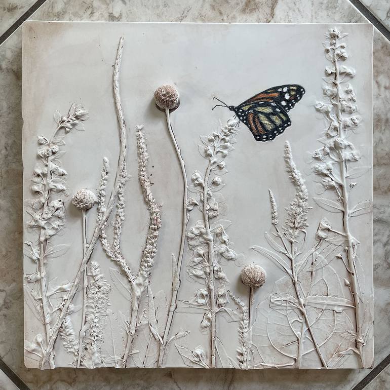 Monarch Butterfly Floral Plaster Wall Art Sculpture by Ruth Welter