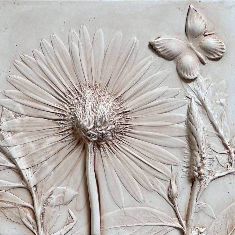 Gerbera Daisy & Butterfly Plaster Relief Casting - Print