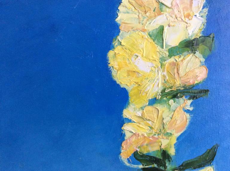 Original Flowers,yellow,blue sky,nature,green leaves,verbascum Abstract Painting by Tetiana Adamovych
