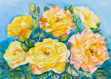 Wall art decor original watercolor yellow rose flower painting thumb
