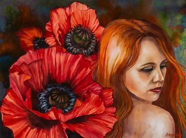 Woman with a red poppies. Original watercolor painting thumb