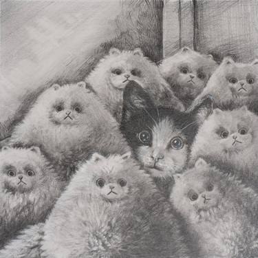 Cat camouflaged by plushie dolls in pencil sketch thumb