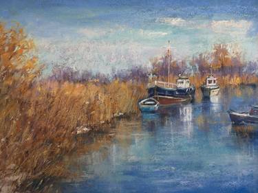 Boats on vacation, pastel painting,river,blue,autumn,drawing thumb