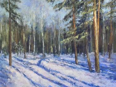 Winter forest Pastel paintingm,home decor,snow,sunny,blue,drawing thumb