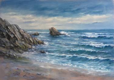Sea beach Pastel painting,wall art,calm,blue,gift,nature,Drawing thumb