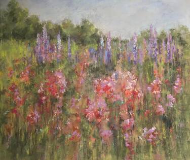 Field flowers Pastel painting,pink,nature,summer,decor,drawing thumb