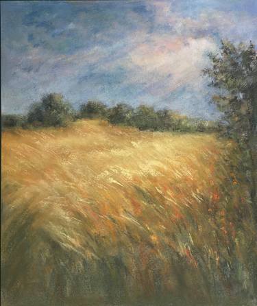 Summer field, pastel paintng,nature,tree,sunset,art decor.drawing thumb