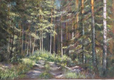 Forest Pastel painting,green,pines,sunny,beautiful,home decor thumb