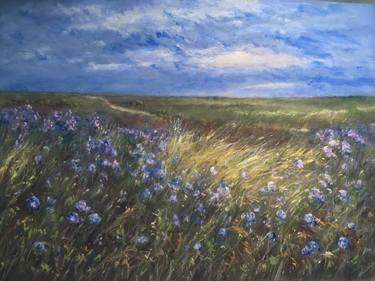 Field sunset Pastel painting,wild flowers,home decor,wallart thumb