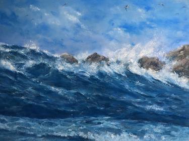 Serious sea Pastel painting, waves, home decor art thumb