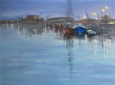 Boats in the port Pastel painting,sunset,reflections thumb