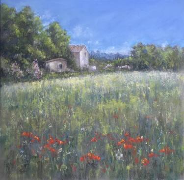 Village house Wild flowers, summer,poppies,small painting thumb