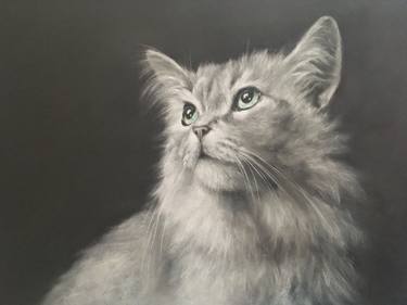 Cat portrait Pastel painting Cute Clever Grey Home decor thumb