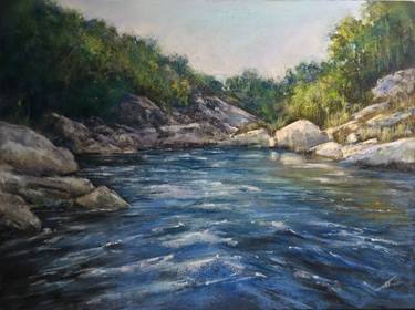 Mountains river Pastel painting Home decor artwork thumb