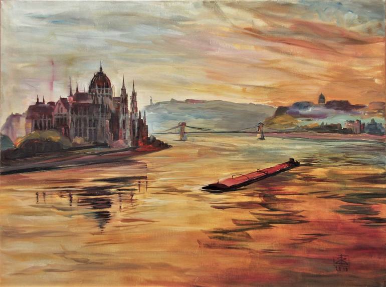 Original Cities Painting by Atelier Bdgb | Impressionism Art on Canvas | Sunset over the Danube river