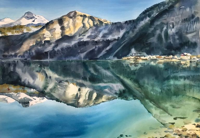 Original Landscape Painting by Yana Salnikova | Impressionism Art on Paper | Lake in the Alps
