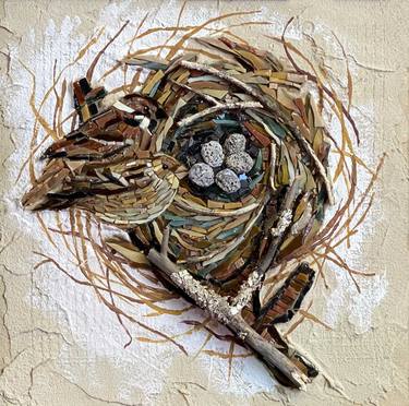 Mosaic painting with a family of sparrows at a nest with eggs thumb