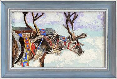 Mosaic painting with reindeer in a smart harness. thumb