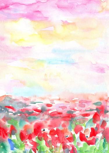 Italian landscape: field of red poppies watercolour thumb