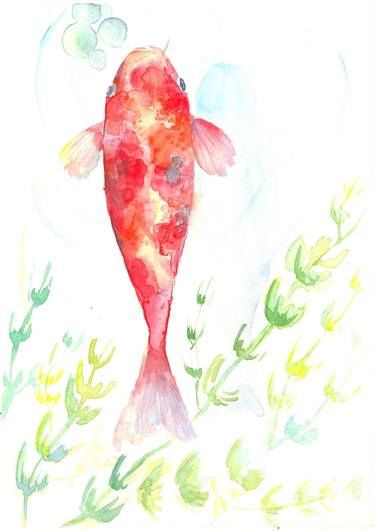 Koi and seaweed original watercolour, Japanese Carp art, Zen artwork thumb