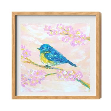 Blue bird and cherry blossom impasto painting thumb