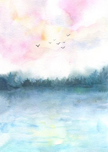 Seascape watercolour, pink pastel sunset art, ocean and forest thumb