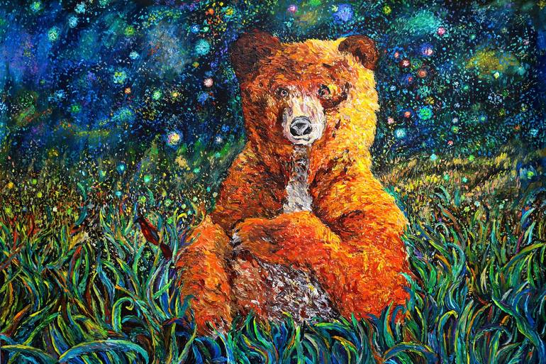 Black Bear Original Painting Bear Night Sky with Star Art 8x10 Oil Painting wild animal Art store Work