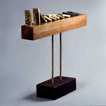 Wooden Domino Sculpture With Bronze And Gold Details thumb