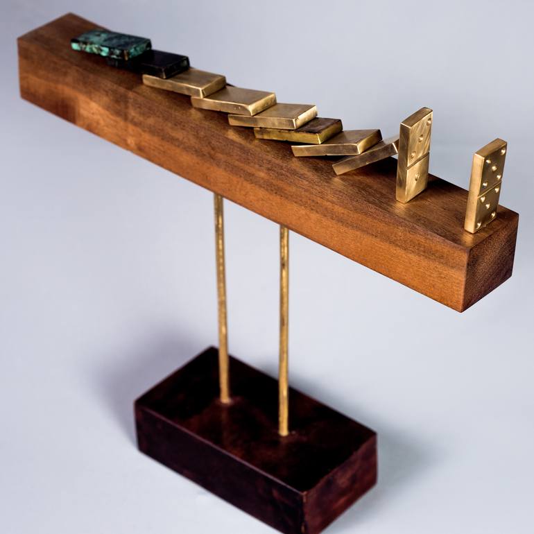 Wooden Domino Sculpture With Bronze And Gold Details Sculpture by