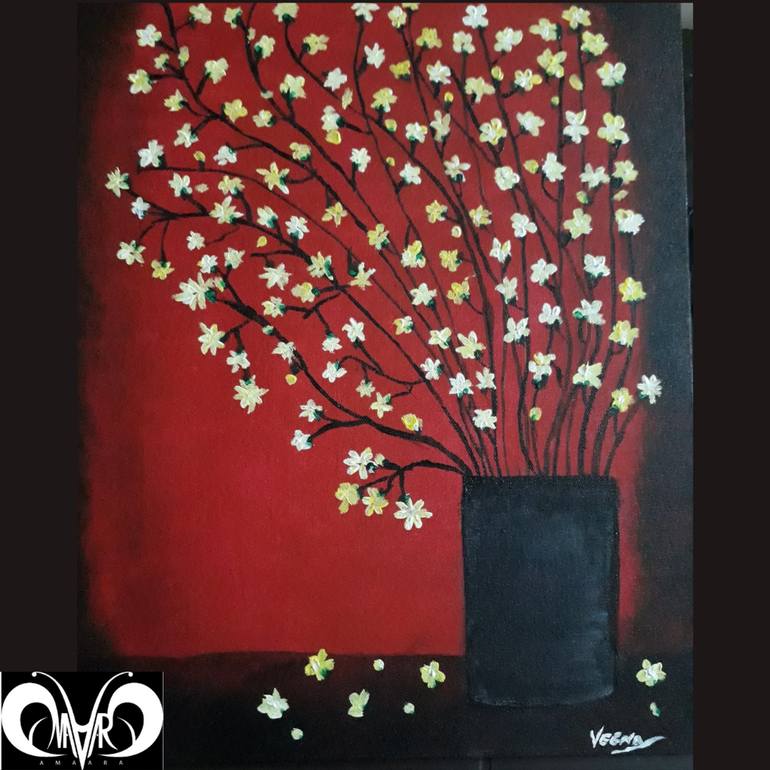red cherry blossom painting