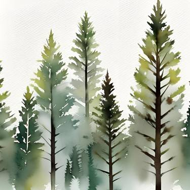 Moody pine trees forest minimalism watercolor neutral landscape thumb