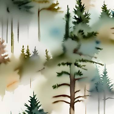 Muted pine trees forest minimalist watercolor neutral landscape thumb