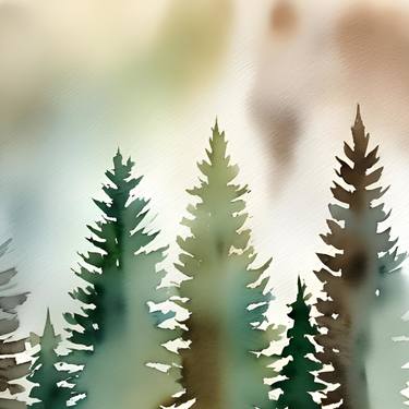 Muted pine trees forest minimalist watercolor neutral landscape thumb