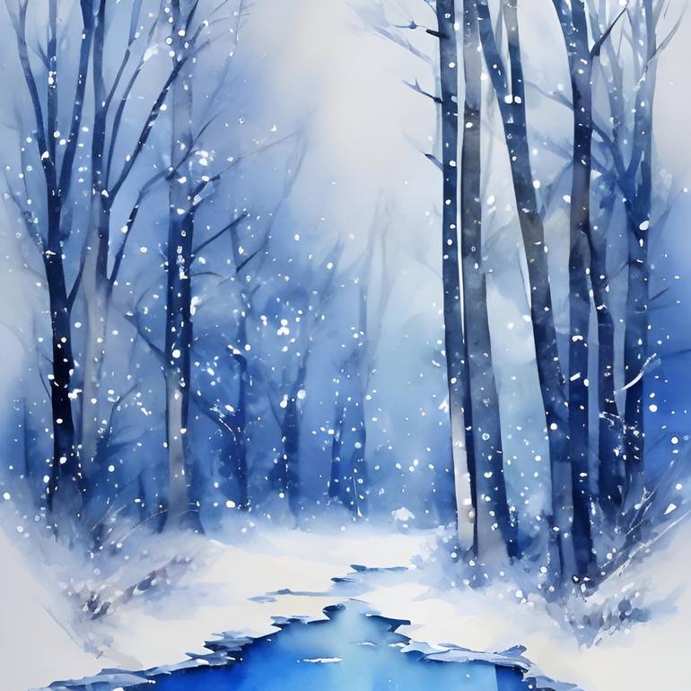 Winter forest stream watercolor painting Digital by Kateryna