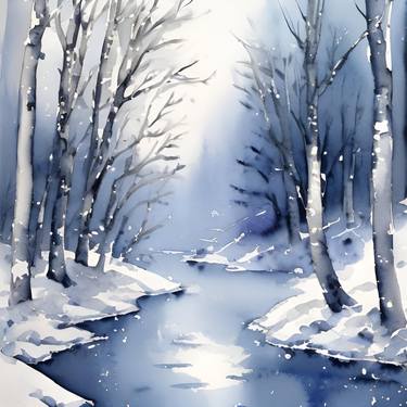 Blue watercolor forest stream in winter thumb