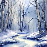 Winter forest stream watercolor painting Digital by Kateryna Oliinyk