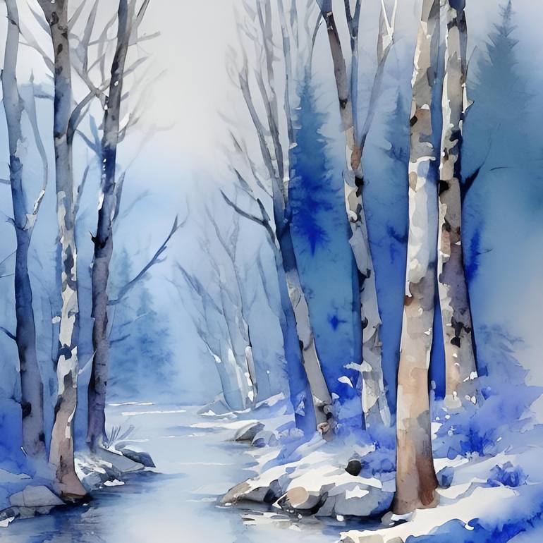 Winter forest stream watercolor painting Digital by Kateryna Oliinyk