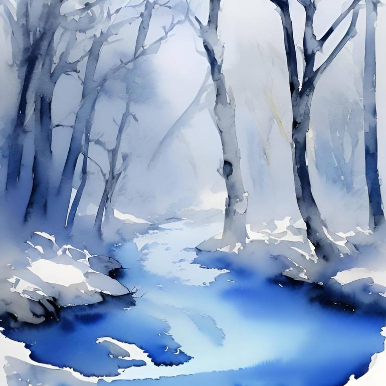 Winter forest stream watercolor painting Digital by Kateryna