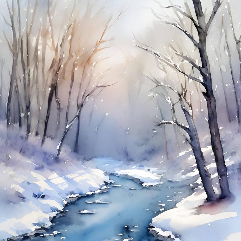 Winter forest stream watercolor painting Digital by Kateryna Oliinyk