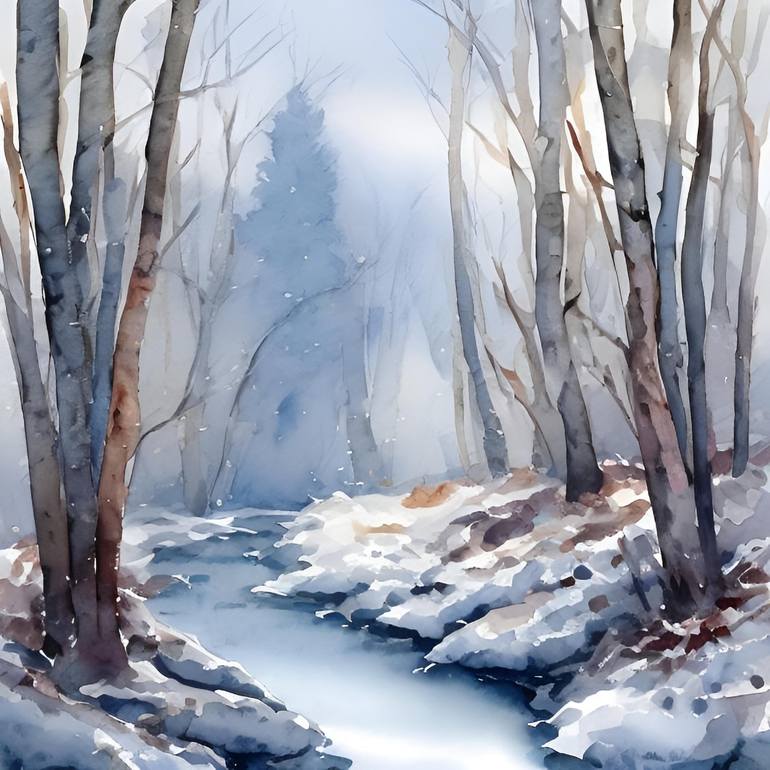 Winter forest stream watercolor painting Digital by Kateryna