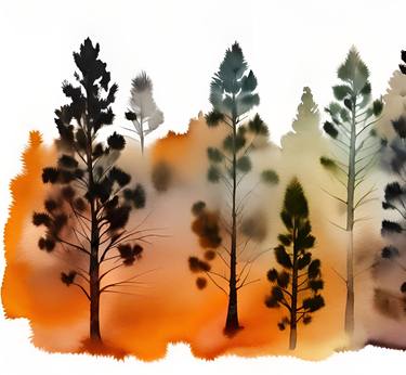 Abstract autumn trees watercolor forest art thumb