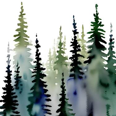 Green pine trees minimalistic forest watercolor art thumb