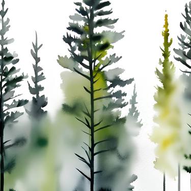 Pine trees minimalistic green forest watercolor art thumb