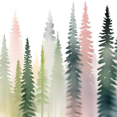 Blush muted pines watercolor forest minimalism art thumb