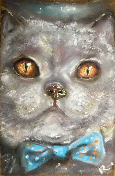 British cat in a bow tie,original soft pastel painting thumb