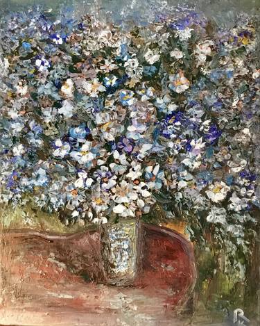 White and blue flowers in a vase original oil painting on canvas thumb