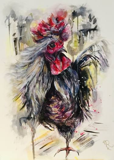 Silver rooster original watercolour painting thumb